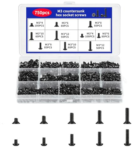 750 PcsTornillos M3, Tornillos de Cabeza Plana de Avellanados Hexagonales con Tornillos de Cabeza Cilíndrica de Allen de Hueca Hexagonales para Máquina impresión 3D