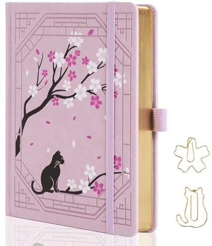 TIEFOSSI A5 Liniertes Tagebuch, Niedliches Katzen-Tagebuch für Frauen und Mädchen, Gepunktetes Notizbuch mit Hübschem Sakura-Muster, Ästhetisches Notizbuch mit Goldenen Kanten