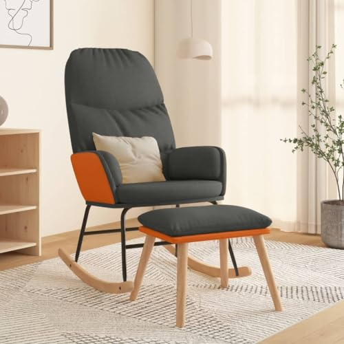 sephironlbb Schaukelsessel mit Hocker Dunkelgrau Stoff und Polster, Relaxstuhl mit Armlehne und Holzgestell, bequemer Schwingsessel zum Entspannen, Wippen