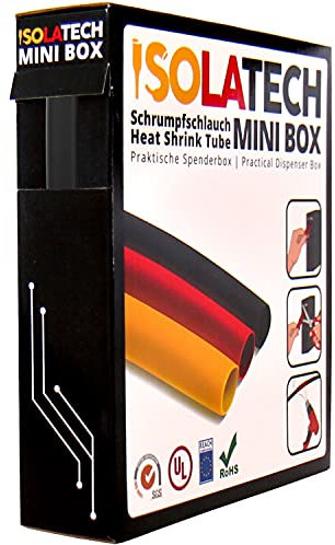 ISOLATECH Gaine thermorétractable 2:1 Mini Box sans colle noir Ø9,5mm 7 mètres pour câble électrique USB résistant aux UV Isolant non marqué Rouleau en boîte distributrice pratique