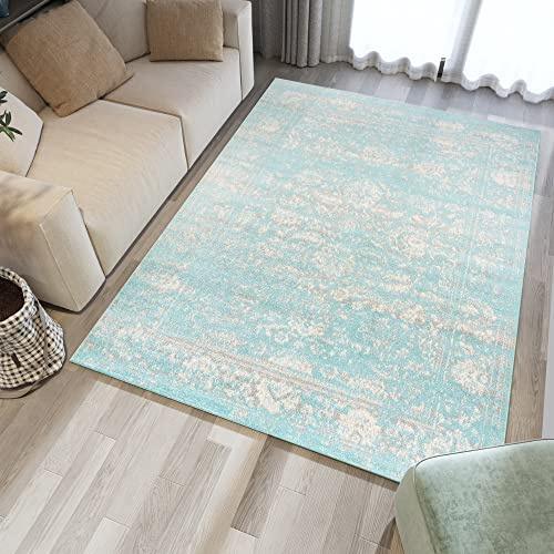 Carpeto Rugs Läufer Teppich Flur Vintage Muster - Küchenläufer, Flurläufer, Küche, Schlafzimmer - Teppichläufer in vielen Größen - Kurzflor Used Look in Türkis, Grösse: 80 x 250 cm