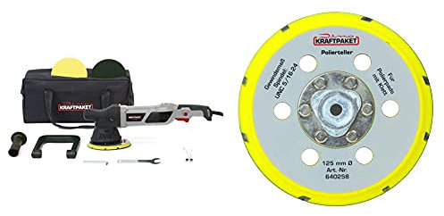 Dino KRAFTPAKET 640229 15mm-950W Exzenter Poliermaschine 12-Stufig mit LCD-Display und Memory-Funktion im Set mit Polierschwamm Polierteller Tasche + 125mm-Stützteller-M8 mit Klett Polierteller