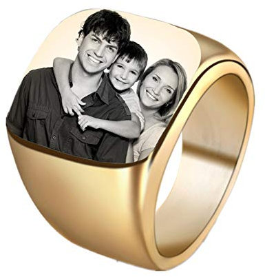 Coudf Gravierte Foto Ring Geschenke Personalisierte Bild Siegelringe Individuell gravierte Edelstahl Siegelringe Vatertag Fotogeschenke Personalisierte Geschenke für Männer(Gold 8)