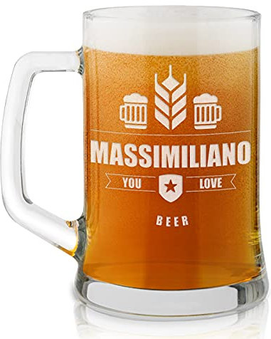 Maverton Boccale per la Birra in vetro con personalizzazione - capienza 500 ml - H12 cm x Ø8,5 cm - ottima idea regalo per le feste perfetto per ogni uomo amante della buona Birra - love beer