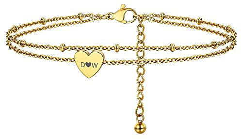 ChainsHouse gold damen mädchen Herz doppeltes Fußbändchen Armband Schönes Sommer Fußkettchen Armkette mit Namen Gravur für Freundin Ehefrau Liebeskind