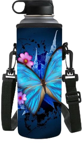 NETILGEN Pochette en néoprène isotherme pour bouteille d'eau - Motif papillon bleu - Pour femme et fille - Pour la salle de sport et les voyages - En acier inoxydable et plastique