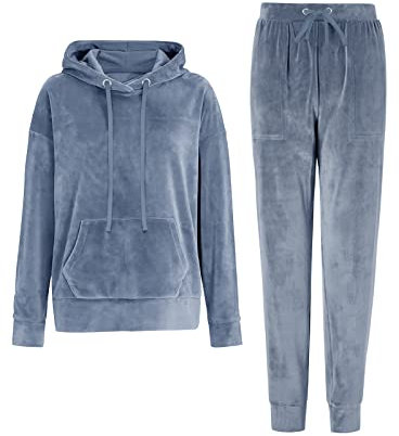 REORIA Damen Tracksuit Set Langarm Hoodie Jogger Rundhalsausschnitt Zweiteiliges Outfit Trainingsanzug Blau XL