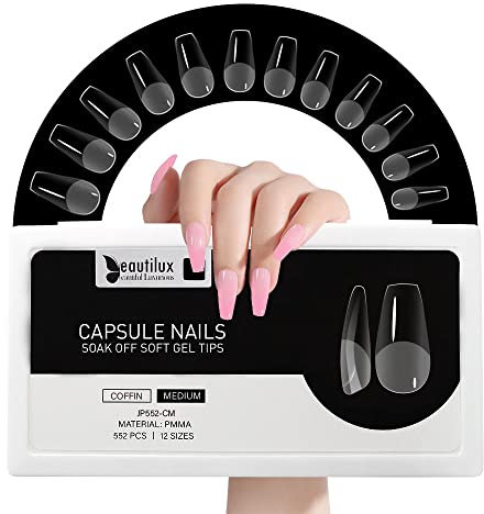 Beautilux Capsule Americaine Ongle Ballerine Moyen, Capsules Ongles Coffin Medium Transparente Acrylique 552 Pièces 12 Tailles, Soak Off Faux Ongles Pose Americaine Pour Manucures à Domicile