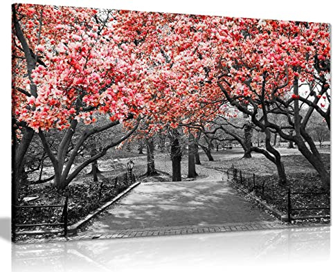 Red Floral Canvas Wall Art Large 36x24 Inch, Ready to Hang Framed Print | Grey and Red Blossom Pictures for Living Room, Bedroom, Hallway - Stretched on Pine Frame, Gallery Wrapped by Panther Print