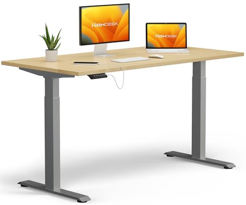 KRIEG HighDesk Basic Höhenverstellbarer Schreibtisch 200 x 80 cm I Silber + Ahorn - Elektrischer Sitz- & Stehtisch mit Tischplatte - Stehschreibtisch Elektrisch Höhenverstellbar