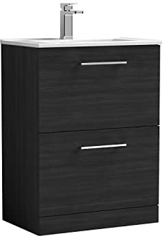 nuie Modern Bathroom Floor Standing 2 Drawer Vanity Unit with Minimalist Ceramic Basin, Woodgrain Charcoal Black, 600mm