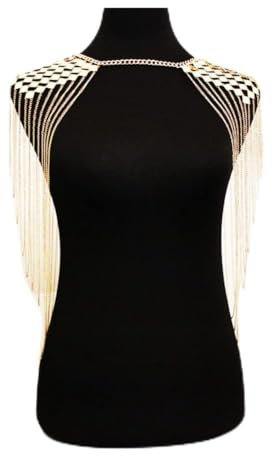 SHTGOI Körper Schulter Kette Mehrschichtige Quasten Schulterkette Körperkette mit Strass Körper-Ketten-Schmucks Körperketten Sexy Bikini Body Chain für Strand Party Rave Gold