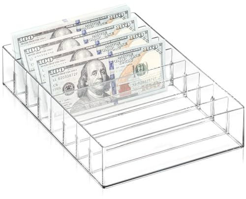 XUWAIDSGN Large Acrylic Cash Organizer 8 Section Clear Money Budget Tray Organizer Plastic Divider Bill Storage Holder for Cash Envelope (Clear)