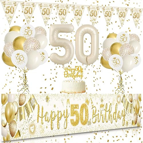 50 Geburtstag Frau deko, VICTERR Sandweiß Gold Deko 50 Geburtstag Frau und Mann Geburtstagsdeko Set, Lange Größe Happy 50th Birthday Banner Hintergrund 274×37cm, Girlande Wimpel Konfetti Luftballons