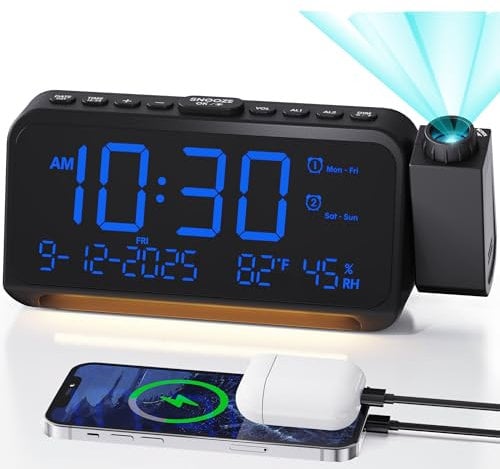 Roxicosly Reloj despertador de proyección para techo de dormitorio, 118 dB súper fuerte para personas que duermen mucho, pantalla digital regulable grande de 6.7 pulgadas con fecha de día, humedad de