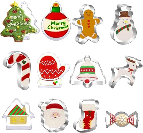 FINEVERNEK 12PCS Emporte Piece Patisserie Noël, Emporte Piece Noel, Moule à Biscuits de Noël, Emporte Piece Biscuit Noël, Emporte-pièces en Acier Inoxydable pour Décoration de Gâteau Fondant Cookie