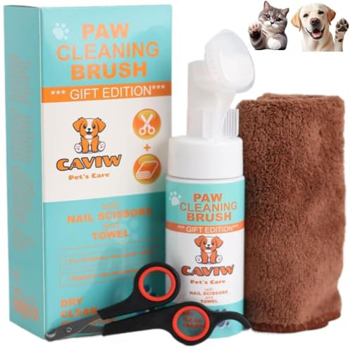 CAVIW Limpiador patas perro, almohadillas perro, 150 ml, Toalla Y Tijeras de regalo, Cepillo con Espuma de Lavado en Seco, no necesita Agua, Elimina Suciedad y Bacterias, Ecológico, Limpia Patas Perro