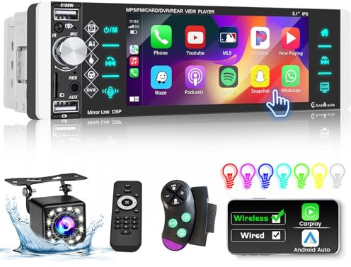 Hikity Carplay sans Fil Android Auto Autoradio 1 Din avec Écran Tactile 5.1 Pouces Carplay 1 Din Auto Radio Bluetooth avec FM Radio 2USB AUX TF Bluetooth Mains Libres 7 Couleurs MIC Caméra de Recul