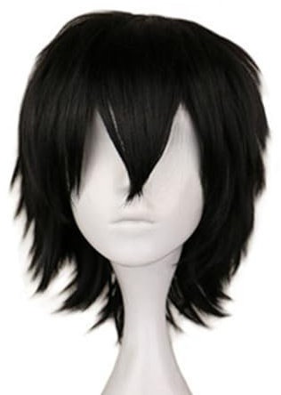 SKHAOVS Schwarz Perücke, Herren Schwarz Kurz Perücke, Perücke Damen Unisex Anime Cosplay Wig, Frauen Herren Gerade Perücken, Kurze Synthetische Perücke, Kurz Amine Gerade Perücke für Cosplay
