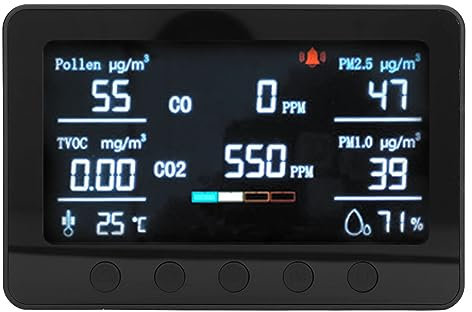 Luftqualitätsmonitor, Kohlendioxid-Detektor, Kohlendioxid-Monitor-Messgerät, CO2-Temperatur, Luftfeuchtigkeit, TVOC, PM2,5, PM1,0, Tester, Detektor, 7-Zoll-Display (EU-Stecker)