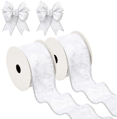 Hollyone 2PCS Silber Samtband 6.3cm x 10yds, Vintage Weihnachtsband für Geschenkverpackungen, breites Geschenkband für Weihnachtsdekoration, Kranzschleifen Dekoration Handwerk Hochzeit Geburtstag