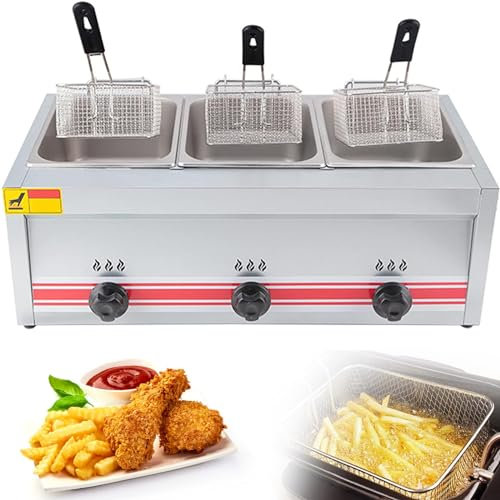 Freidora de gas profesional, 10/20/30 L freidora de Gas Profesional de Acero Inoxidable Comercial con Cuchara de Cesta para Freír Tapas Temperatura Ajustable para cocinar Alimentos,30L