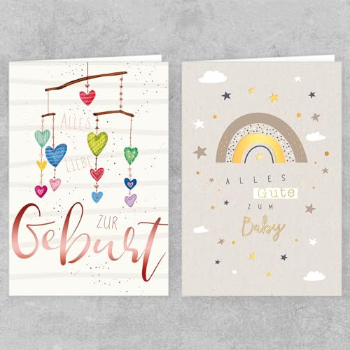 Skorpion PremiumLine Glückwunschkarten zur Geburt, 2 Stück mit Umschlag | Baby Glückwünsche für Jungen und Mädchen | umweltfreundliche Klappkarte aus Naturkarton | Grußkarte 11,5 x 17 cm Papeterie