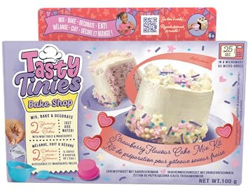Goliath - TASTY TINIES - Erdbeerkuchen-Backset für Kinder ab 6 Jahren – Kreatives Backset mit 2 Kuchenmischungen, Vanilleglasur, Einhorn-Deko & Zubehör – Einfach in der Mikrowelle backen (25 Sek.)
