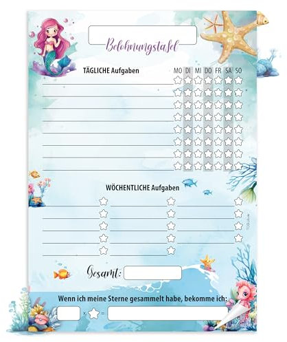 TOBJA Belohnungstafel A4 Block - Motiviert Kinder Spielerisch | 25 Blatt Belohnungstafel Ab 3 | Belohnungssystem Für Mädchen Und Jungen (Meerjungfrau)