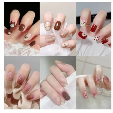 6 Packs(144Pcs) Salon Acrylic Press On Nails, Glossy Glitter Color Gradient fake Nails short, Square Shape,6 bottles of Glue,1 Prep Pad,1 Jelly Adhesive Tape,1 Manicure Stick,1 Mini File, Animals