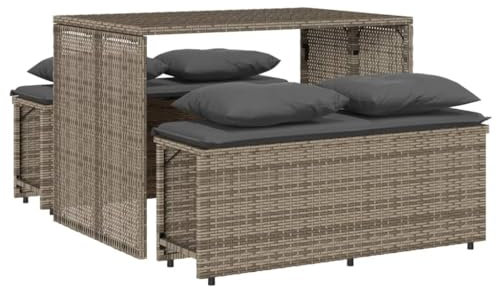 vidaXL Garten Essgruppe 3-TLG., Gartengarnitur mit Kissen, Sitzgruppe für Garten Terrasse, Gartentisch Gartenbank Gartenmöbel, Grau Poly Rattan