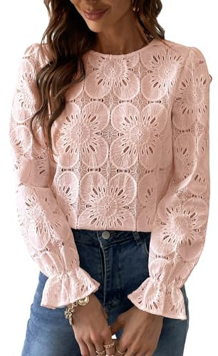 CUPSHE Chemisier pour femme avec découpes florales, col rond, manches longues, poignets élastiques, chemise élégante, rose clair, S