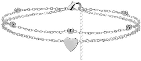 Bkemkri Bracelet de cheville pour femme, Pendentif en acier inoxydable en forme de coeur, Bracelets double en argent pour femme, Pieds ajustables en argent