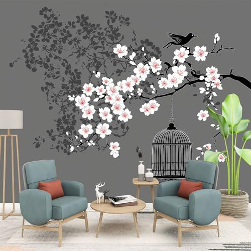 Papier Peint Panoramique Style Japonais Art Photo Murale Chambre Décor, Fleurs de cerisier japonaises et cages à oiseaux Papier Peint intissé fond pour Chambre D'Enfant Salon Murale 300 x 210 cm