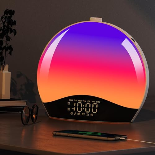 Sonnenaufgangswecker, Wake-Up-Licht, Kinder-Wecker, Bluetooth, weißes Rauschen, Maschine mit 22 beruhigenden Geräuschen, 17 Farbnachtlichter, Sonnenaufgangssimulation, Dual-Alarme, FM-Radio