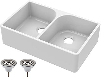 Balterley 795mm Butler White Kitchen Sink, Double Bowl Flush Weir with 2 Waste, No Tap Hole, Durable Butler Fireclay Ceramic Kitchen Sink Bowl, Apron Front Farmhouse Sinks - 795 x 500 x 220mm (White)
