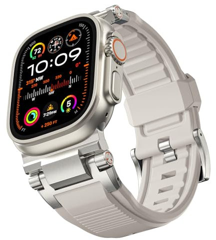 Bandletic Correa Compatible con Apple Watch Ultra 2/Ultra 49mm, Series 10 46mm 9/8/7 45mm SE2/6/SE/5/4 44mm 3/2 42mm, Robusta Pulsera Repuesto FKM con Diseño Elegante Conector Metálico,Blanco estrella