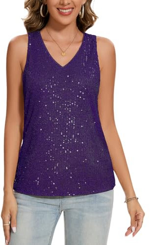 MINTLIMIT Damen Pailletten Metallic Bluse Ärmellos Tank Top Läsiges V-Ausschnitt Oberteil Lose (Purple XL)