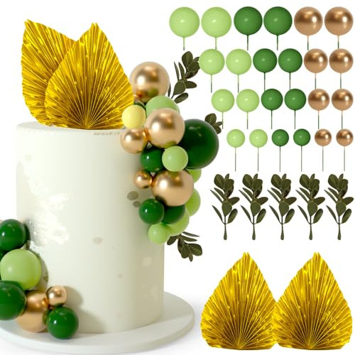 NEBURORA 64 Pcs Balls Cake Toppers and Leaves Decoration Set Mini Balloons for Cake Decorating Supplies Balls Cake decorations for Baby Shower Cake Toppers Birthday Cake Decorations (Green Gold)