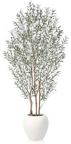VeriNatural Artificial Olive Tree, 8FT Tall, Faux Olive Trees with Natural Wood Trunk & Lifelike Fruits, Indoor, White Tall Planter, Home Balcony Office Living Room Decor