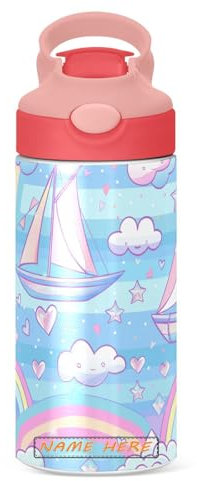 Sailboat Island Cartoon 12oz Stainless Steel custom water bottle girl，BPA Free, small insulated water bottle withPopup Lid, Silicone Straw,and Carry Handle