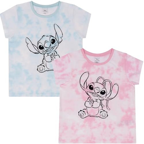 Lilo & Stitch - Camisetas para niñas, 100% algodón, con Efecto de teñido Anudado, Incluye ángel, Paquete de 2, Paquete de 2 Unidades, 7-8 años