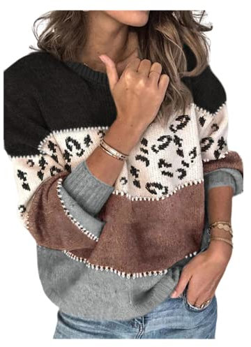 HEYPORK Damen Winter Warm Bequem Pullover Casual Strickjacke Strickpullover Frauen Persönlichkeit Leopardenmuster Spleißen Mode Strickpullover Pullover(B Grau, M)