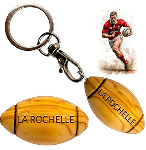 Ernestine - Porte-clés ballon rugby en bois d'olivier - cadeau rugbyman amateur - cadeau joueur rugby - idée cadeaux La Rochelle - porte-clés sport cadeaux fête papa papi - cadeau passion sport