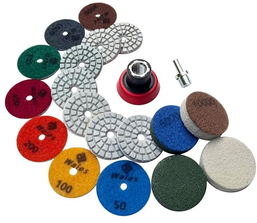 Waies 11 Packs Diamond Polishing Pads 50-10000 Grit 9 PCS Wet/Dry (50mm) | M14 Backer Pad Polish Pad Kit for Drill Grinder Polisher Pads for Marble Tile Quartz Granite Concrete Countertop