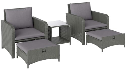 Outsunny 5 Piece Rattan Garden Furniture Set, Wicker Patio Conversation Set with 2 Chairs, 2-Tier Coffee Table, 2 Ottomans and Thick Cushions for Outdoor, Balcony, Bistro, Porch, Grey