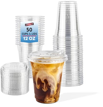 Caterserve 12oz Clear Plastic Cups with Sip Through Lids – 50 Pack Set – Great for Smoothies,Iced Drinks,slushies at Cafes, Restaurants, Events, and Takeaway Service