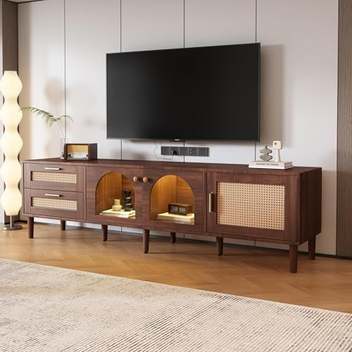 TIZZ Mobile TV da 180 cm marrone per TV da 80 pollici con 2 cassetti in rattan, 2 ante in vetro a cupola, 1 porta in rattan, illuminazione a LED, soggiorno elegante