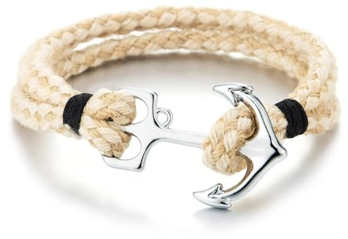 COOLSTEELANDBEYOND Bracciale con Ancora in Corda Naturale da Uomo con Gancio Color Argento – Stile Nautico da Spiaggia e Mare