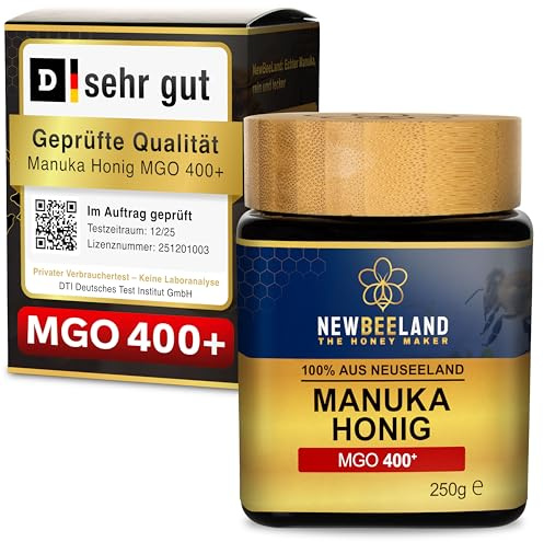 NEWBEELAND Manuka Honig MGO 400+ Direktimport aus Neuseeland 250 Gramm | chargengeprüfter Methylglyoxal-Gehalt (MGO), Cremig-zähflüssige Textur, herber & kräftiger Geschmack, lichtgeschütztes Glas